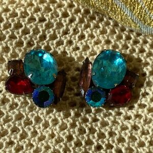 Colorful vintage faux Gemstone clip on Earrings